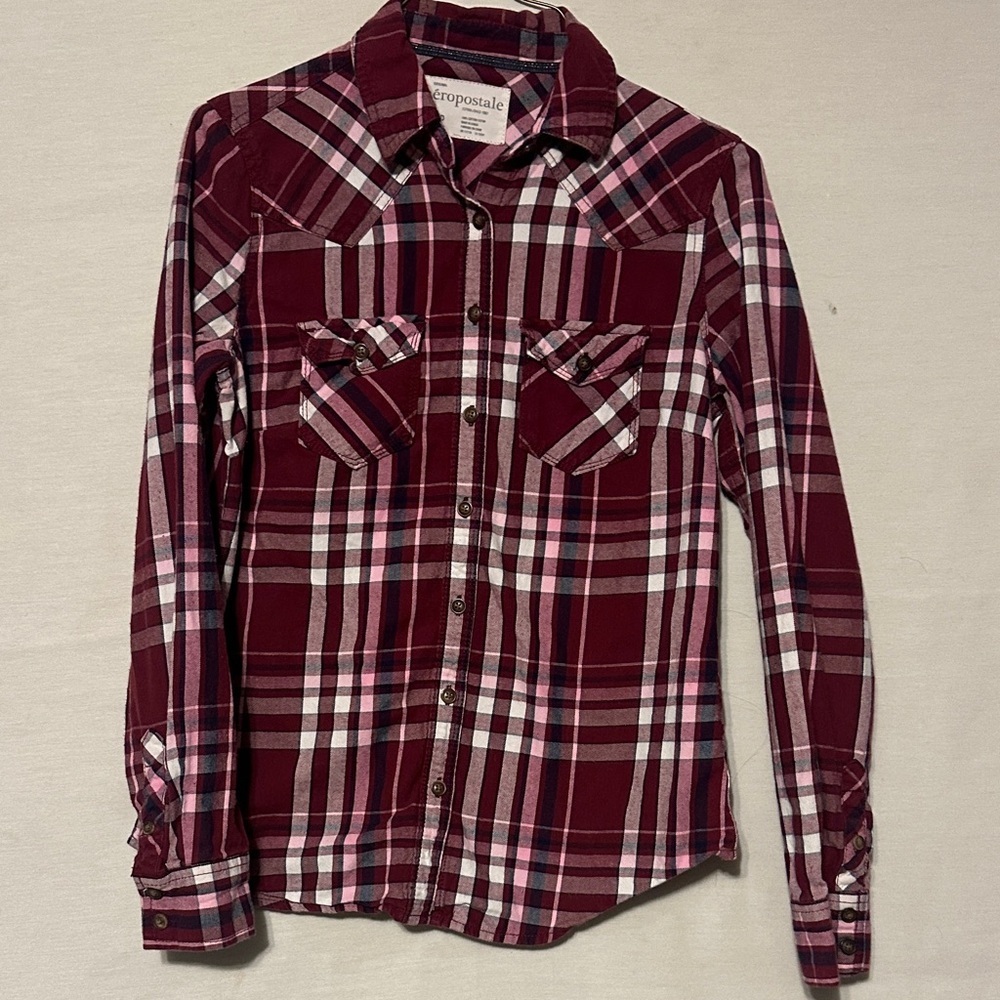 Aeropostale Maroon and Pink Plaid Shirt